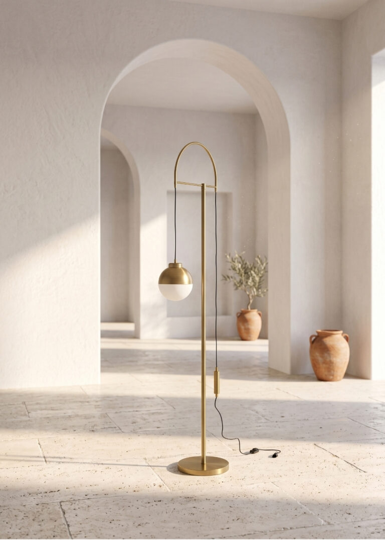 White crystal and polished gold steel floor lamp