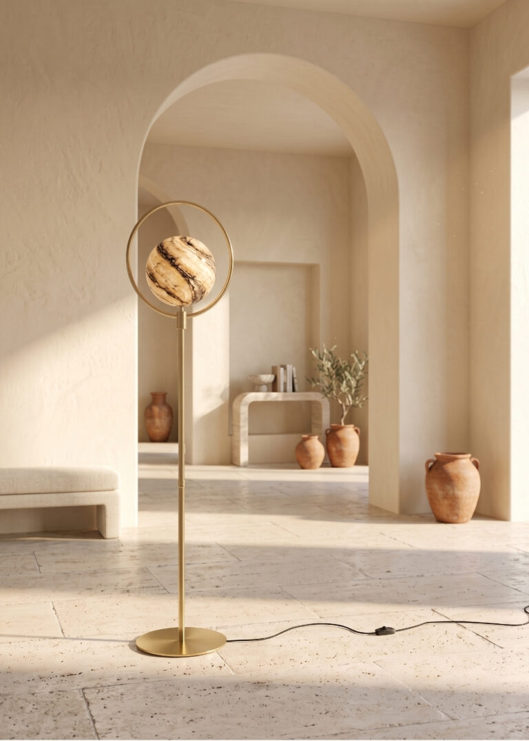 Printed glass floor lamp and golden steel