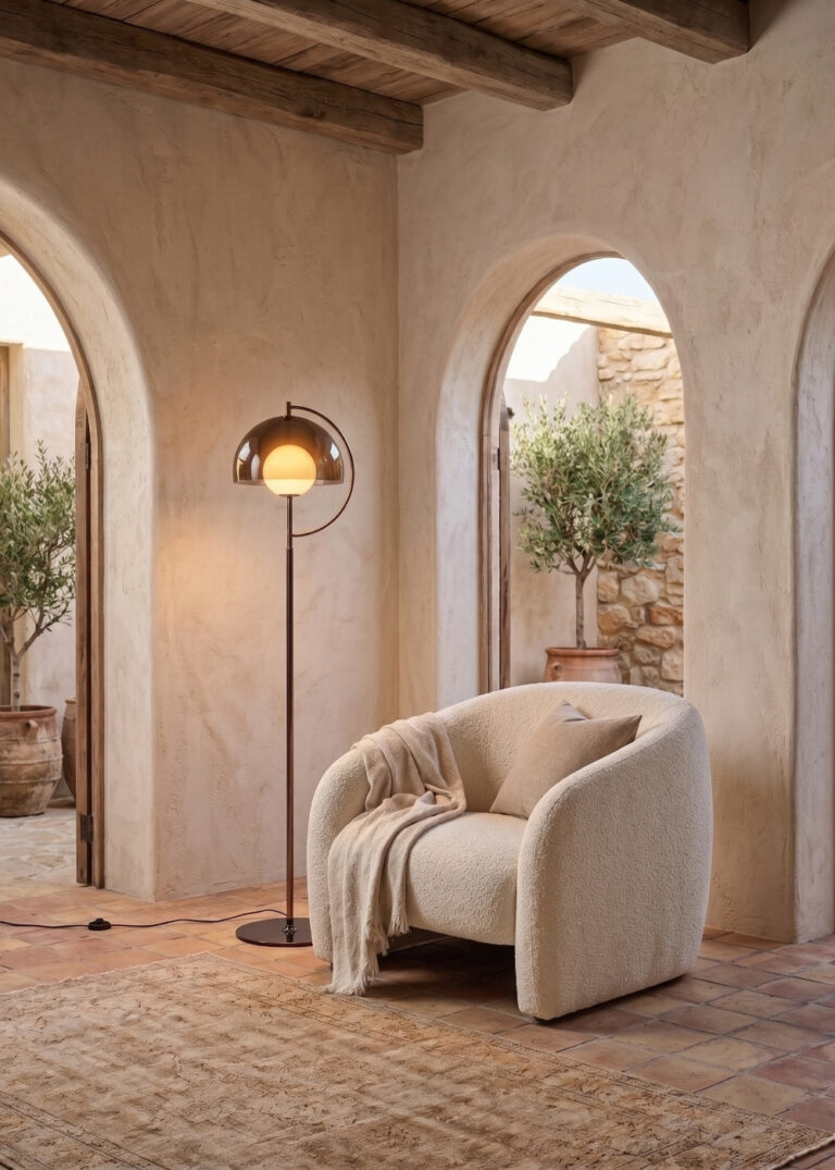 LED floor lamp with a gray smoked mirror effect glass shade and alabaster sphere