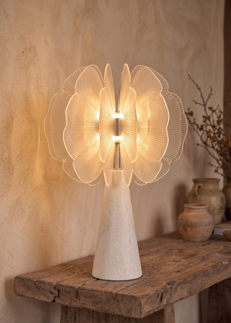 Chrome table lamp with decorative shade made of translucent PVC sheets and porcelain marble base