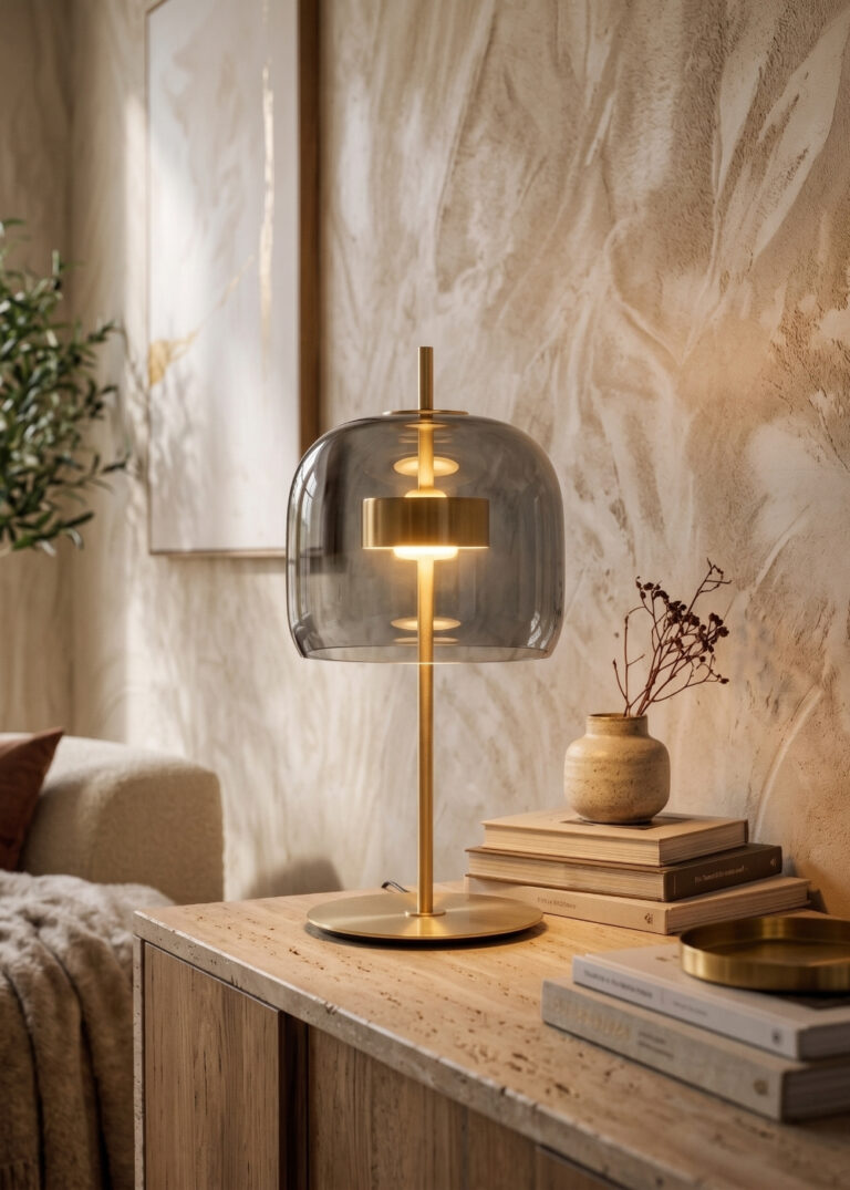 Black smoked glass and polished gold steel table lamp